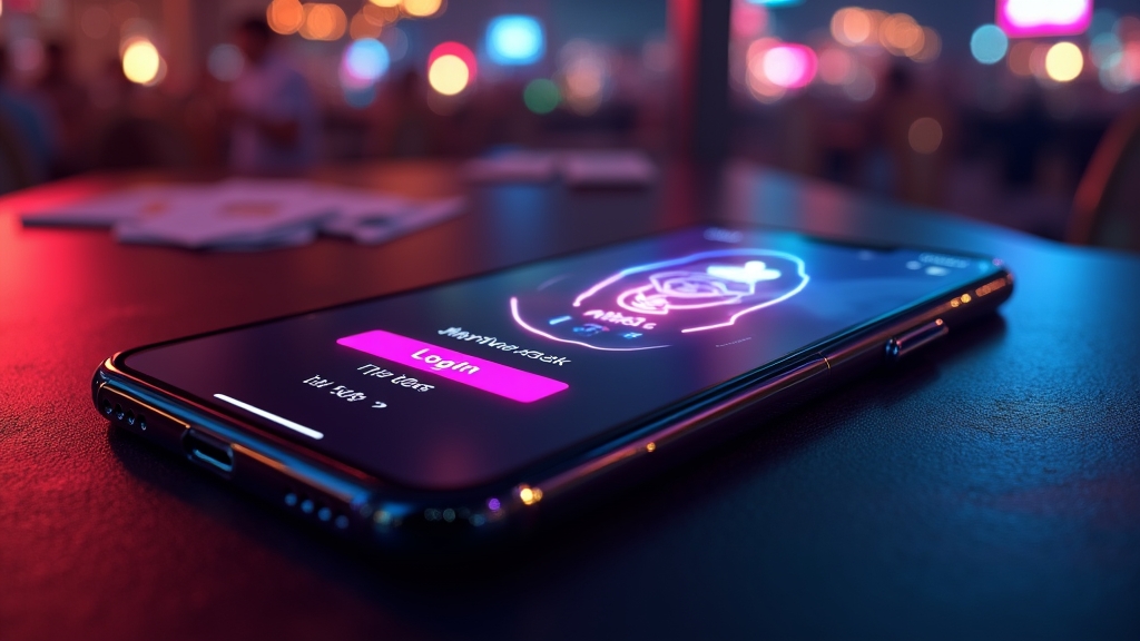 Mobilny interfejs kasyna z menu, saldem i ekranem logowania