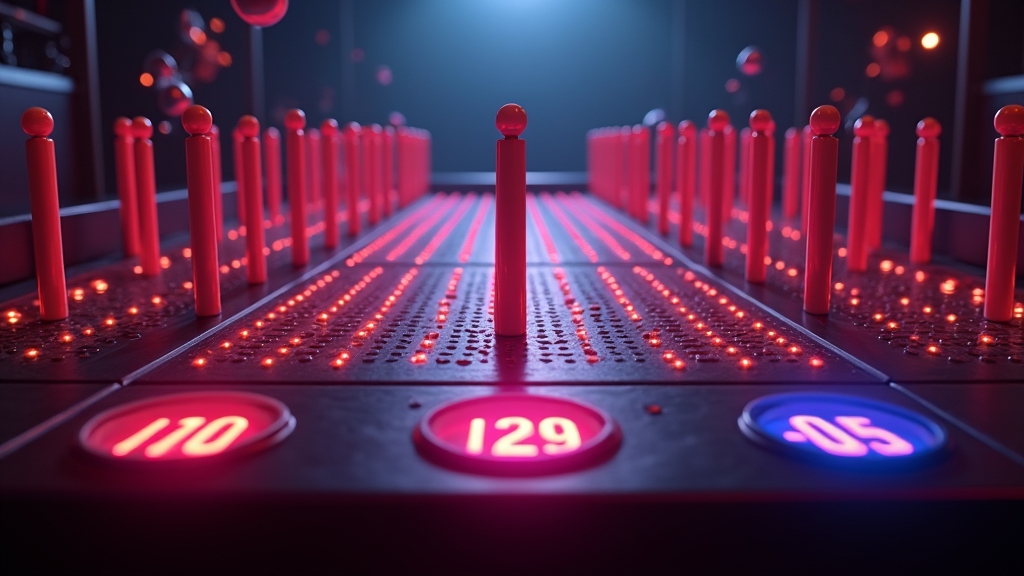 Plansza Plinko z kulą spadającą między kołkami i multiplikatorami na dole